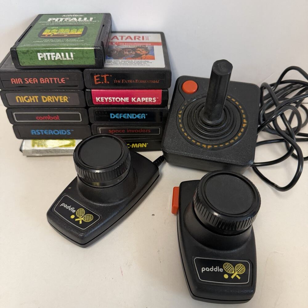 Atari 2600 Video Game Lot 11 Cartridges Paddle Controllers Joystick Vintage